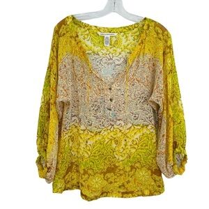Diane Von Furstenburg silk v neck 3/40 sleeve designer blouse floral size 4 boho